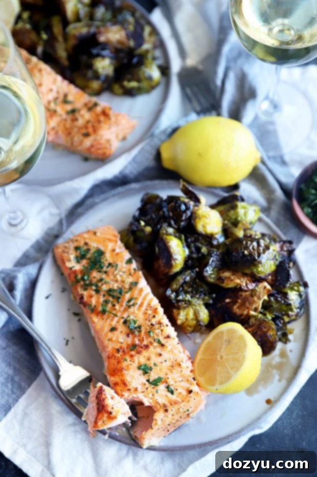 Overhead photo of lemon garlic baked salmon