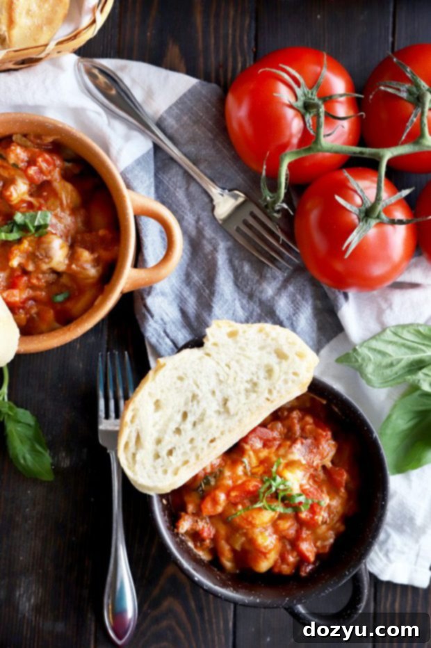 Overhead photo of gnocchi bolognese