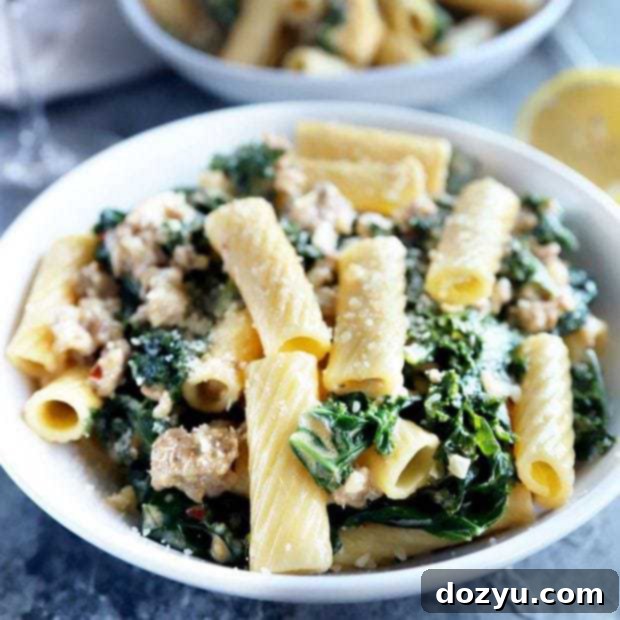 Creamy kale sausage rigatoni pasta thumbnail photo