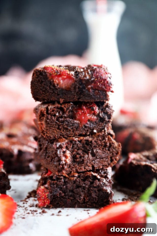 Velvet Berry Chocolate Brownies 5 Stack of strawberry brownies picture, showcasing the layers of chocolate and fruit