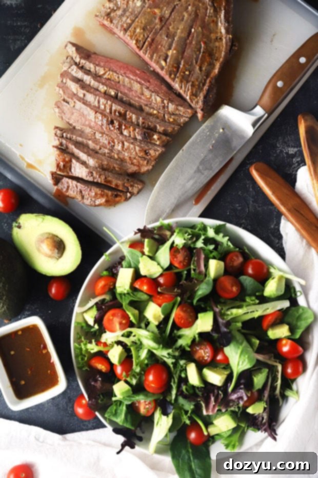 Umami Steak & Avocado Power Bowl 8 Ingredients for miso marinated steak salad dressing laid out