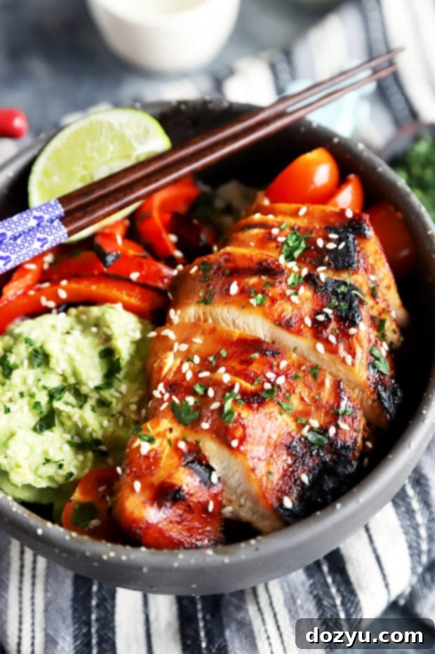 Side photo of Korean chicken rice bowl