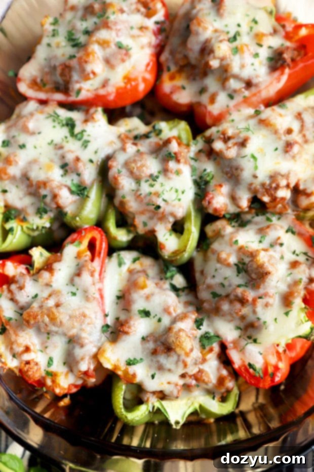 Bold Italian Stuffed Peppers 7 Close-up overhead shot of two Spicy Italian Stuffed Peppers garnished with basil