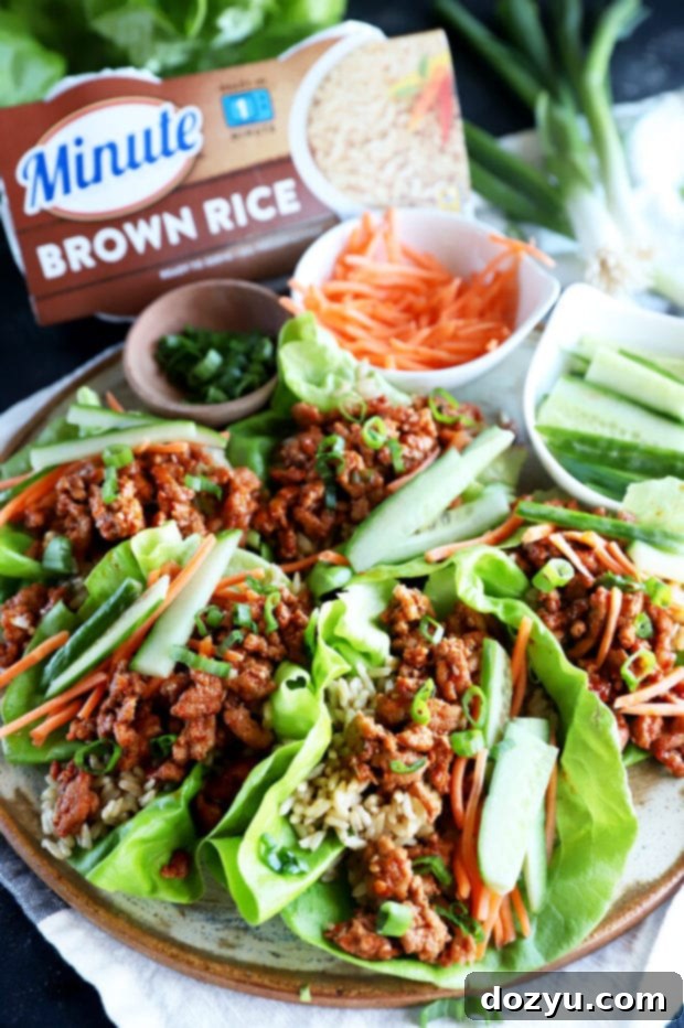 Side angle photo of ground turkey wraps with Korean flavors and rice