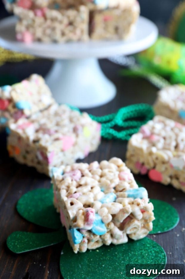 Close-up of a single Lucky Charms cereal treat, showcasing its texture and festive colors, ready for St. Patrick's Day.