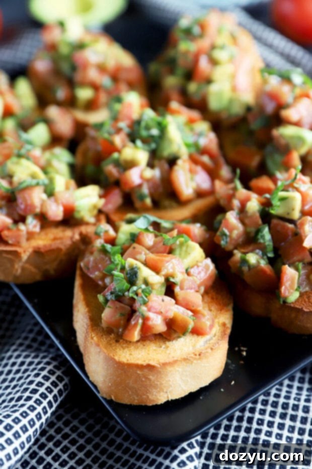 Avocado bruschetta platter, a beautiful spread for entertaining
