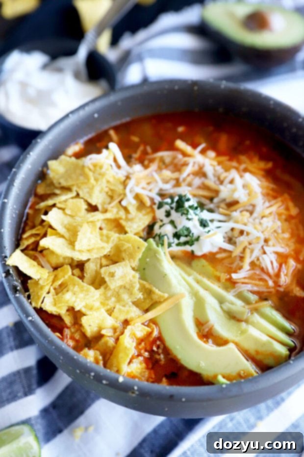 Side photo of tortilla soup in a bowl