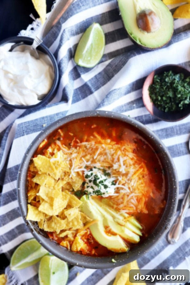 Tortilla soup with toppings on a table photo