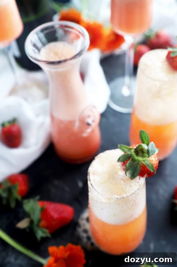 Strawberry Sparkler 8 Freshly prepared strawberry mimosas in flutes with strawberry garnishes