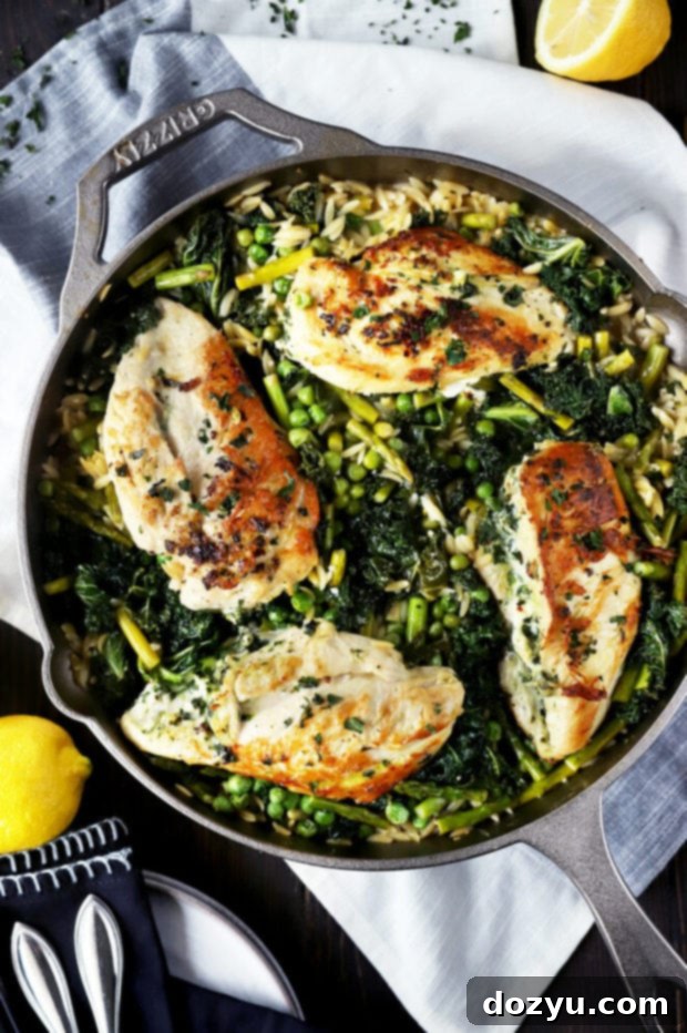 One-Pan Lemon Goat Cheese Stuffed Chicken with Spring Orzo 2 Overhead photo of one skillet stuffed chicken