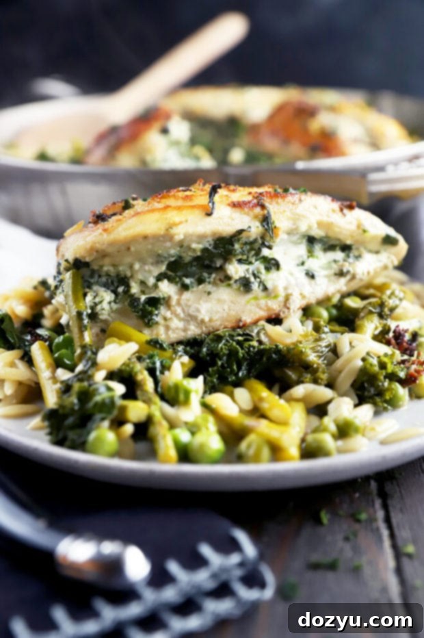 One-Pan Lemon Goat Cheese Stuffed Chicken with Spring Orzo 3 Photo of stuffed chicken on a plate