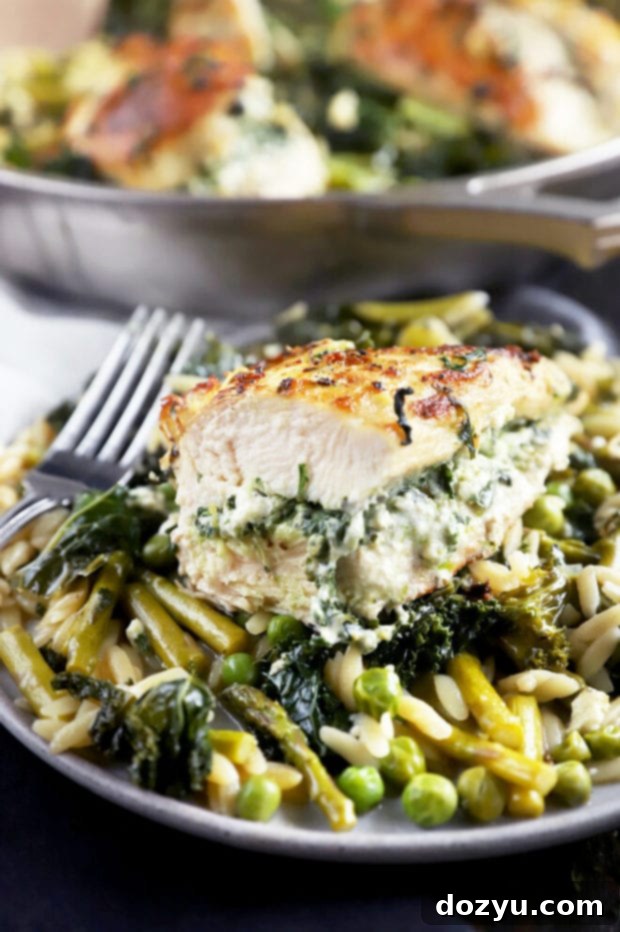 One-Pan Lemon Goat Cheese Stuffed Chicken with Spring Orzo 7 Stuffed chicken with goat cheese on a plate picture