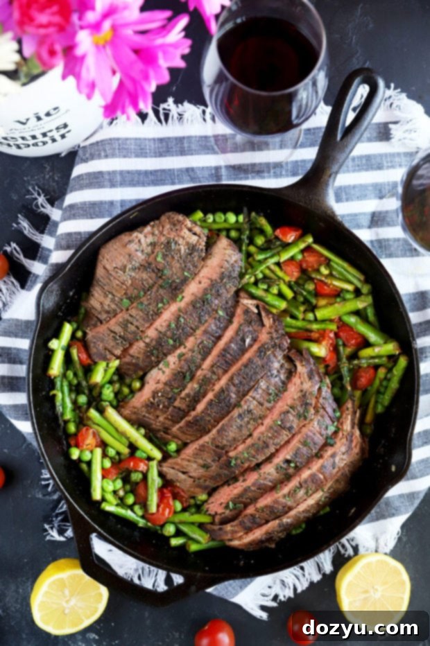 Overhead photo of one pan steak and vegetables