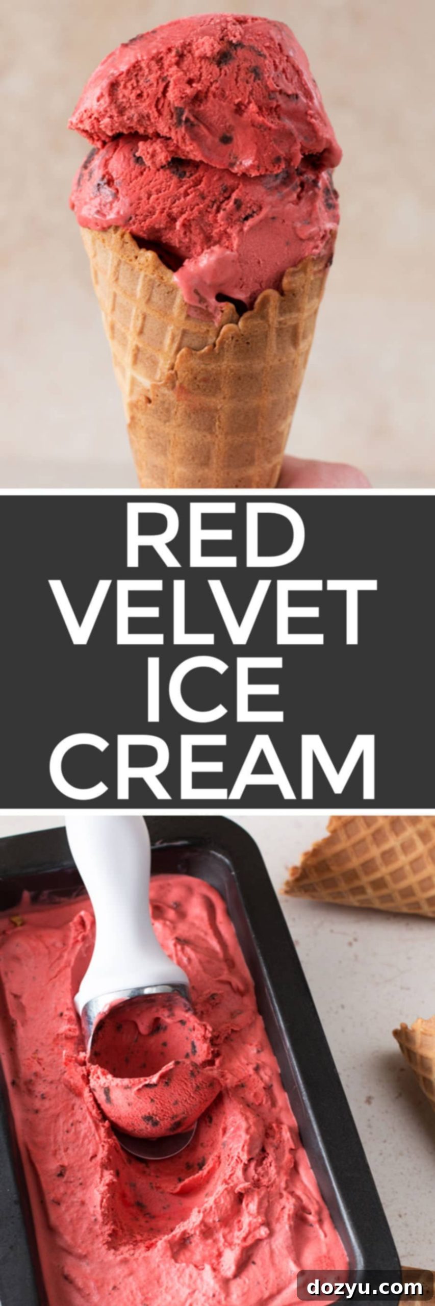 A Pinterest-optimized image showcasing several scoops of homemade red velvet ice cream with brownie chunks in various serving bowls and cones, perfect for pinning.
