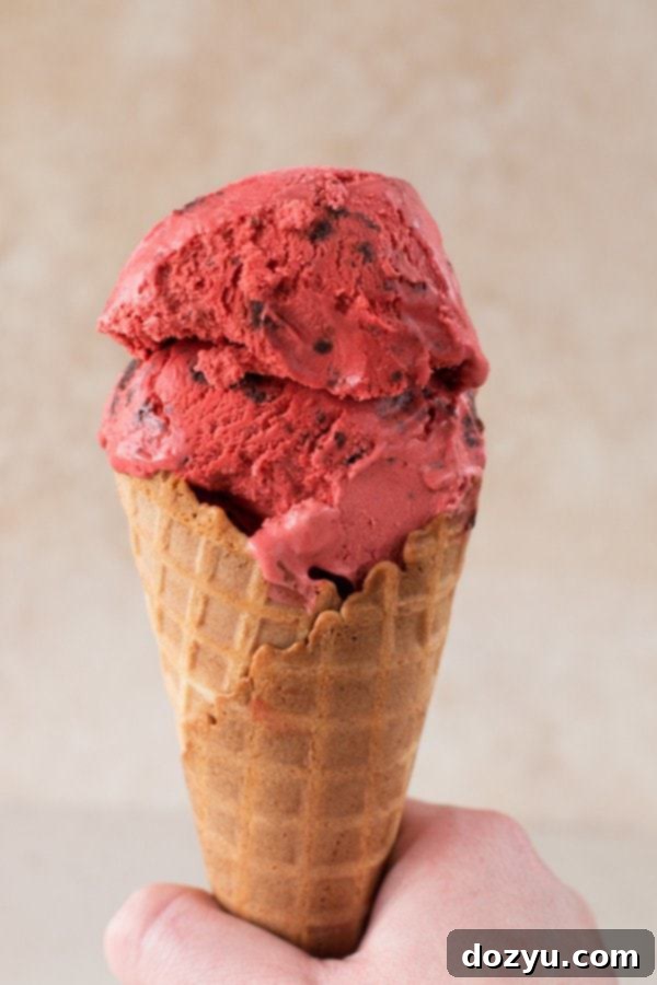 Close-up of a perfectly scooped serving of Red Velvet Ice Cream with Brownie Chunks, highlighting its rich color and texture.