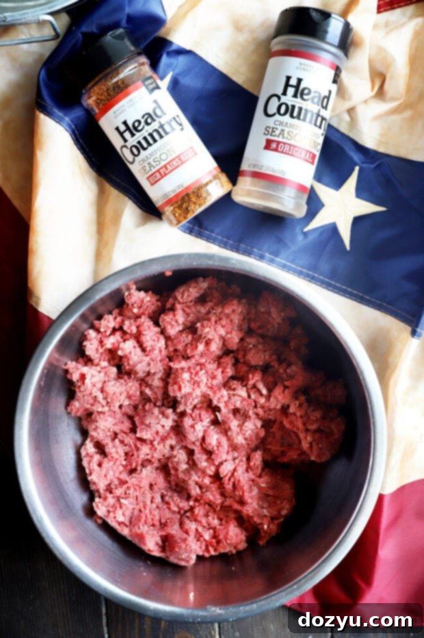 Close-up overhead photo of seasoned ground beef mixture for burger patties