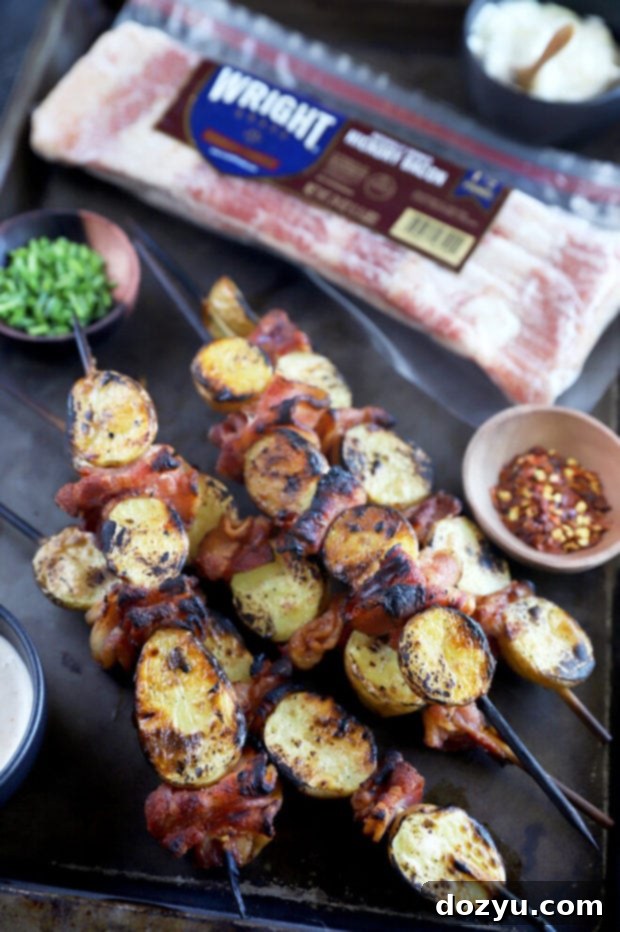 Cheesy Bacon Potato Skewers 12 Side view of loaded bacon potato skewers