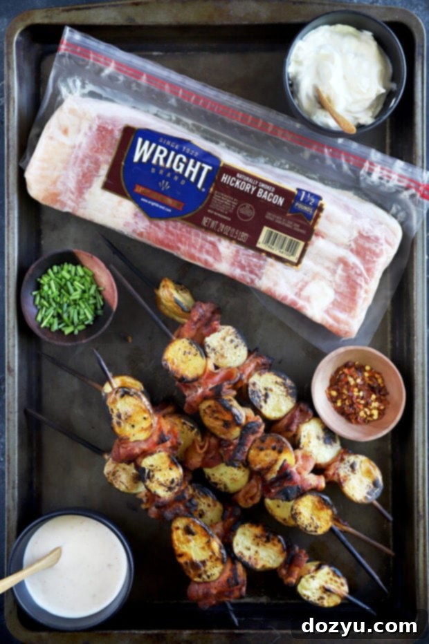 Cheesy Bacon Potato Skewers 3 Overhead photo of skewers and Wright bacon