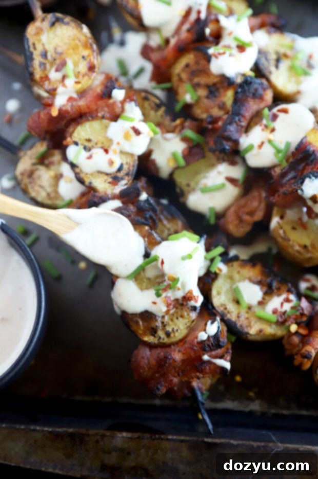 Cheesy Bacon Potato Skewers 5 Topping skewers with sauce picture
