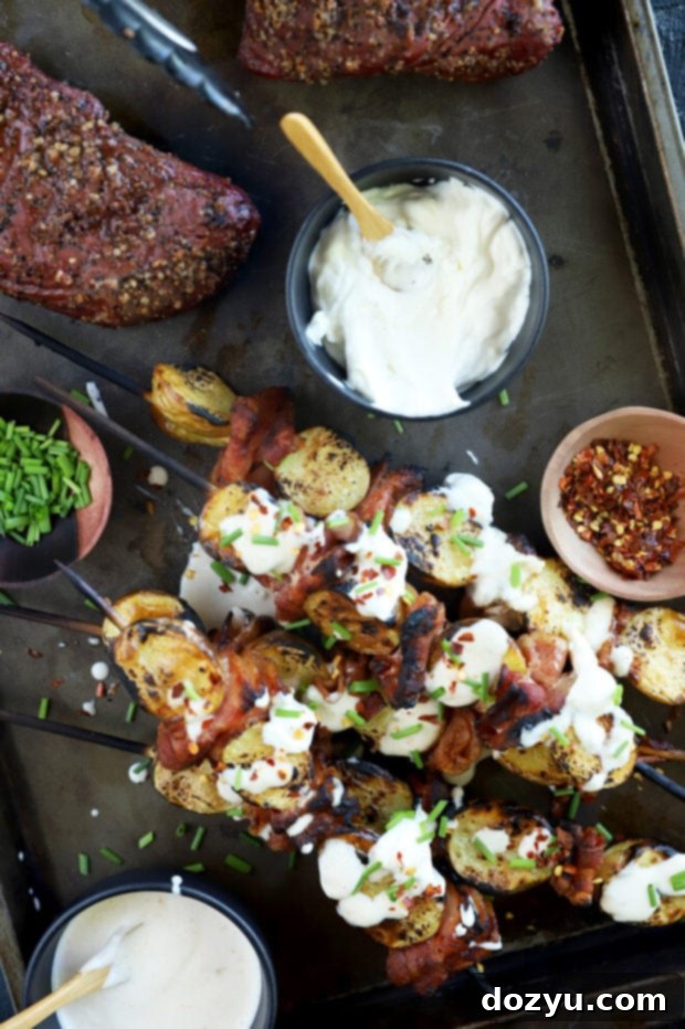 Cheesy Bacon Potato Skewers 11 Loaded bacon potato skewers with steaks