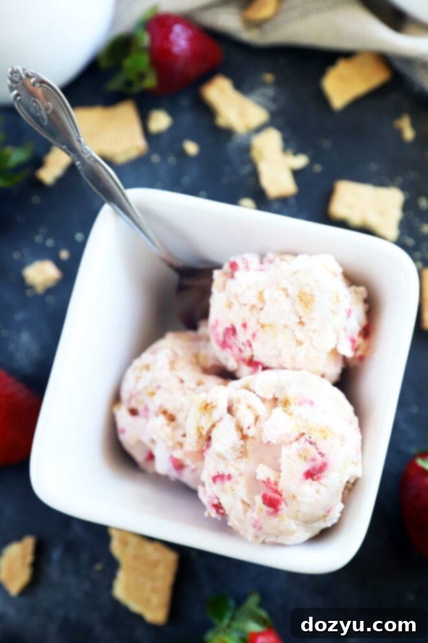 A beautiful scoop of Strawberry Cheesecake Ice Cream in a bowl, showing its creamy texture, vibrant strawberry swirls, and graham cracker pieces. It’s garnished with a fresh strawberry slice.