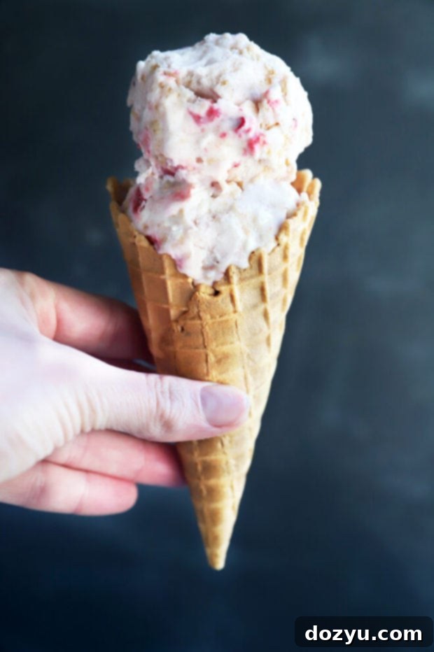A hand holding a perfectly swirled scoop of Strawberry Cheesecake Ice Cream in a crispy waffle cone, emphasizing its rich texture and chunks of fruit.