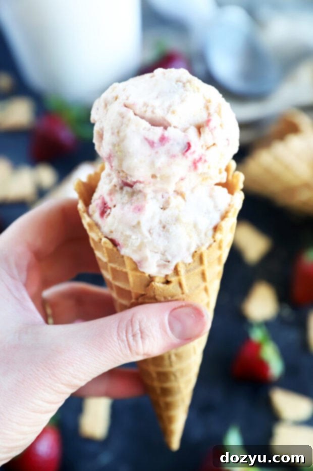 A close-up shot of a hand holding a cone of Strawberry Cheesecake Ice Cream, with the sun shining in the background, highlighting its deliciousness.