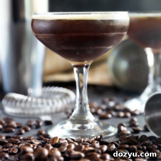 The Velvet Jolt 8 Espresso Martini in a chilled glass, garnished with coffee beans