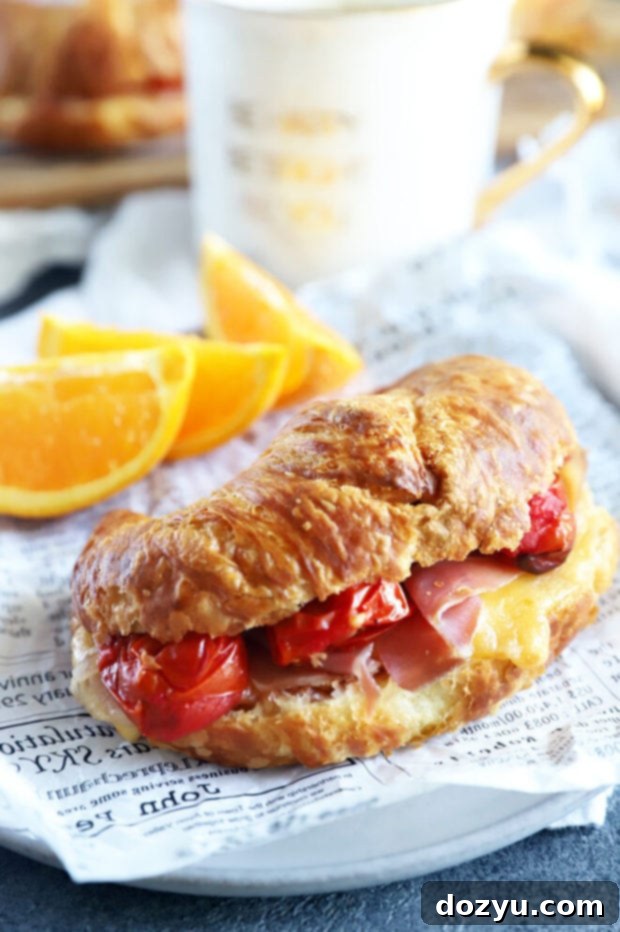 A delicious side photo of a warm breakfast prosciutto croissant sandwich, showcasing its golden croissant, melted cheese, and fresh ingredients.