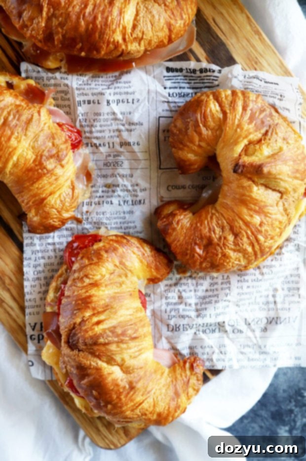 An overhead shot of two irresistible breakfast croissant sandwiches, showcasing their golden-brown croissants, vibrant roasted tomatoes, and melted cheese, ready for enjoyment.