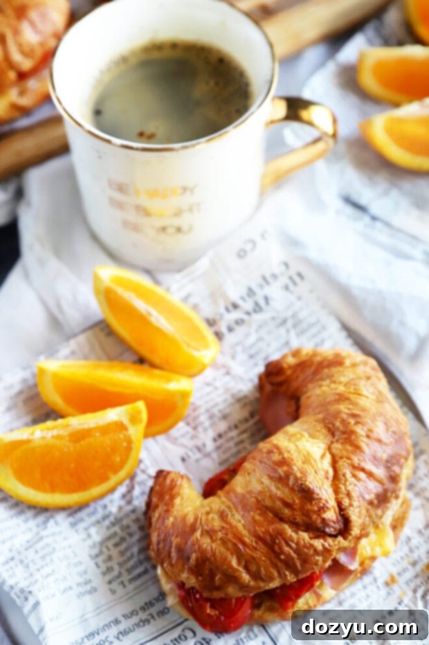 Close-up photo of a gourmet breakfast croissant sandwich on a white plate, highlighting the delicious layers of prosciutto, cheese, and roasted tomatoes.