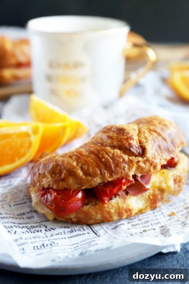 A close-up side view of a delightful breakfast croissant sandwich, revealing layers of thinly sliced prosciutto, melted cheese, and a spread of fig jam, perfectly ready to eat.
