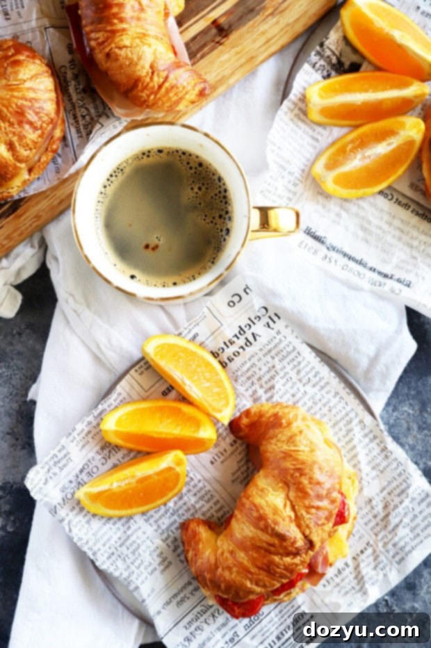 An overhead view of a perfectly assembled breakfast croissant sandwich, garnished with fresh orange slices and a steaming mug of coffee, setting the scene for a delightful morning meal.