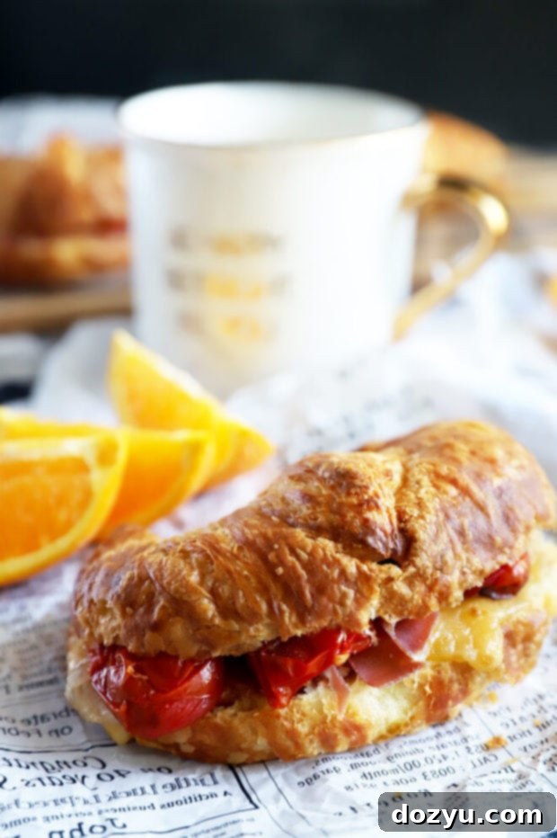 A beautifully arranged breakfast croissant sandwich on parchment paper, showing the golden croissant, prosciutto, melted gouda cheese, and roasted cherry tomatoes.