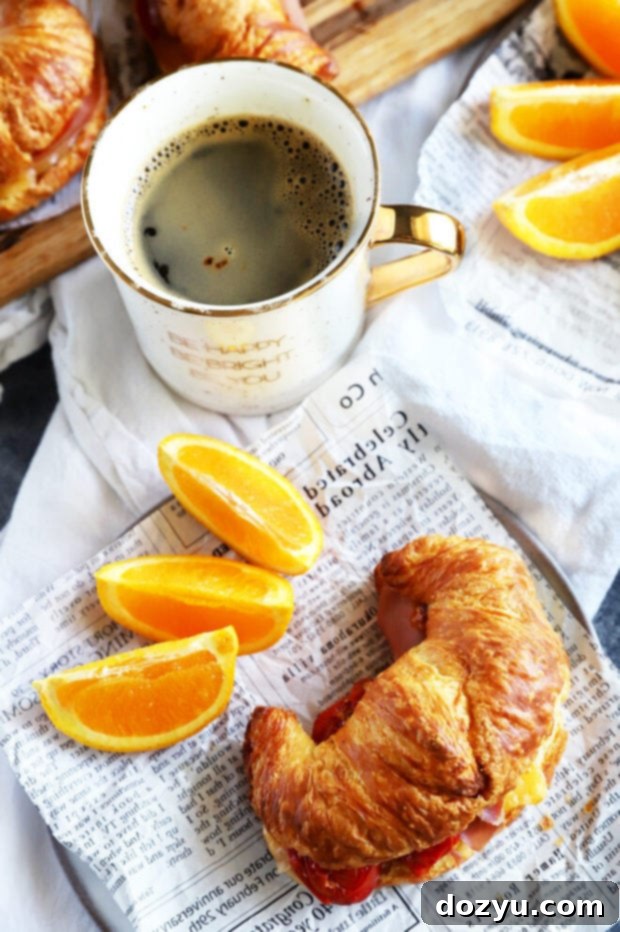 An inviting overhead photograph of several breakfast croissant sandwiches, artfully arranged on a rustic wooden board, ready to be served.