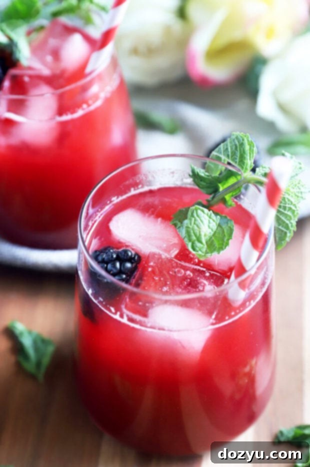Blackberry vodka limeade cocktail in a clear glass, garnished with fresh mint and berries.