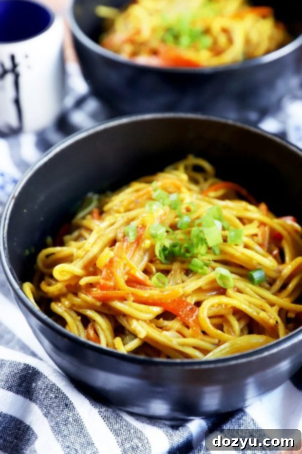 Easy Asian Singapore Street Noodles served in a bowl, ready to eat