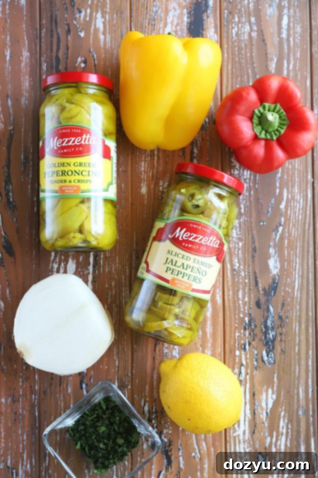 Golden Pepperoncini Kick 4 Pepperoncini relish ingredients with Mezzetta image