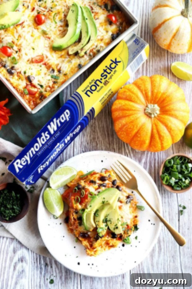 Photo of pumpkin enchilada bake and Reynolds Wrap Foil, highlighting its non-stick quality