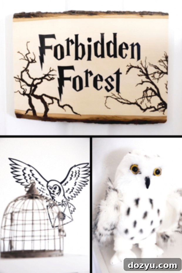 A collage of Harry Potter nursery decor items including an owl decal, wand, and magical themed accessories.