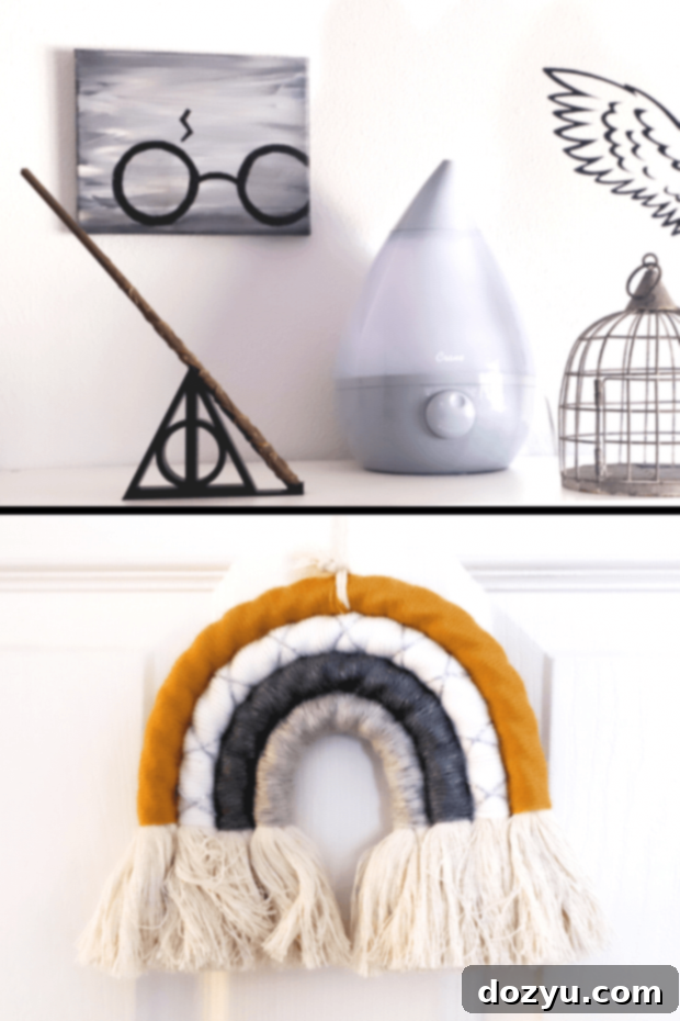 A collage of close-up Harry Potter nursery details, including framed Dumbledore quotes and a custom wood-burned box.