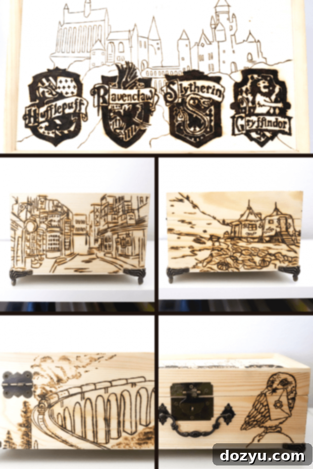 Close-up of a beautifully custom wood-burned Harry Potter themed box with intricate details in the nursery.