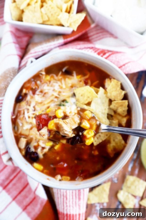 A close-up image of a spoon scooping creamy turkey enchilada soup from a bowl.