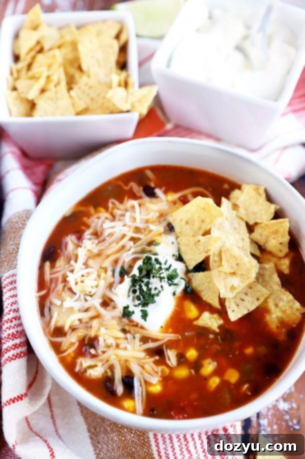 A close-up of a bowl of Instant Pot BBQ Turkey Enchilada Soup, garnished with green onions and cilantro.