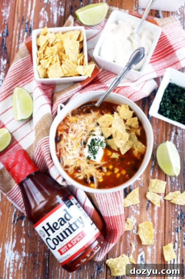 A serving of Instant Pot BBQ Turkey Enchilada Soup, garnished with fresh cilantro and a dollop of sour cream.