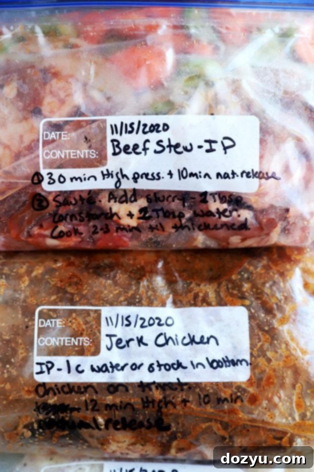 Overhead photo of freezer meals neatly organized in bags before freezing