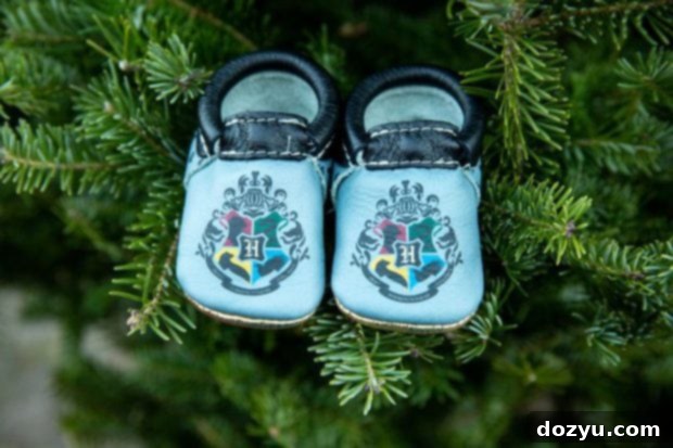 Close-up of Harry Potter themed baby moccasins, a sweet detail