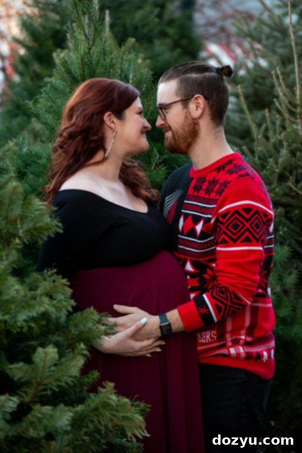 Holiday Christmas maternity photoshoot image, capturing festive cheer