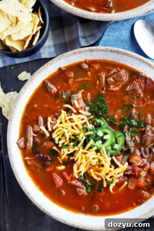 Overhead image of carne asada chili in two bowls with various toppings