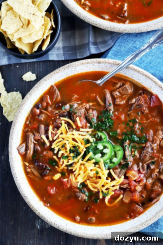 Overhead photo of carne asada chili with various toppings in a rustic setting
